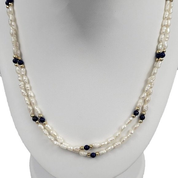 Jewelry - Vintage Pearl Double Necklace with Blue & Gold Beads
